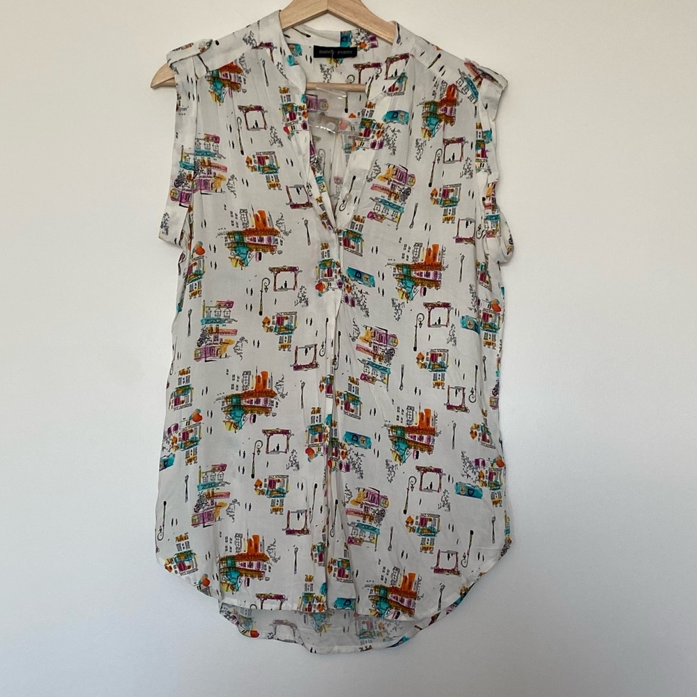 NWOT Mandy Evans Women’s White Parisian Pattern Tank Top, Size Medium, Travel